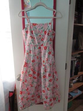 Floral Pink Midi Sundress with Red Blooms